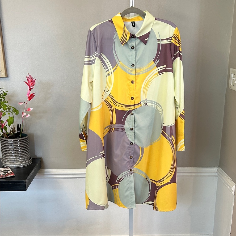 STYLEWE Long Sleeve Geometric Dress - Yellow, Cream, Brown